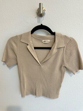 Fashion Nova Ribbed Short-Sleeve Polo Crop Top in Beige